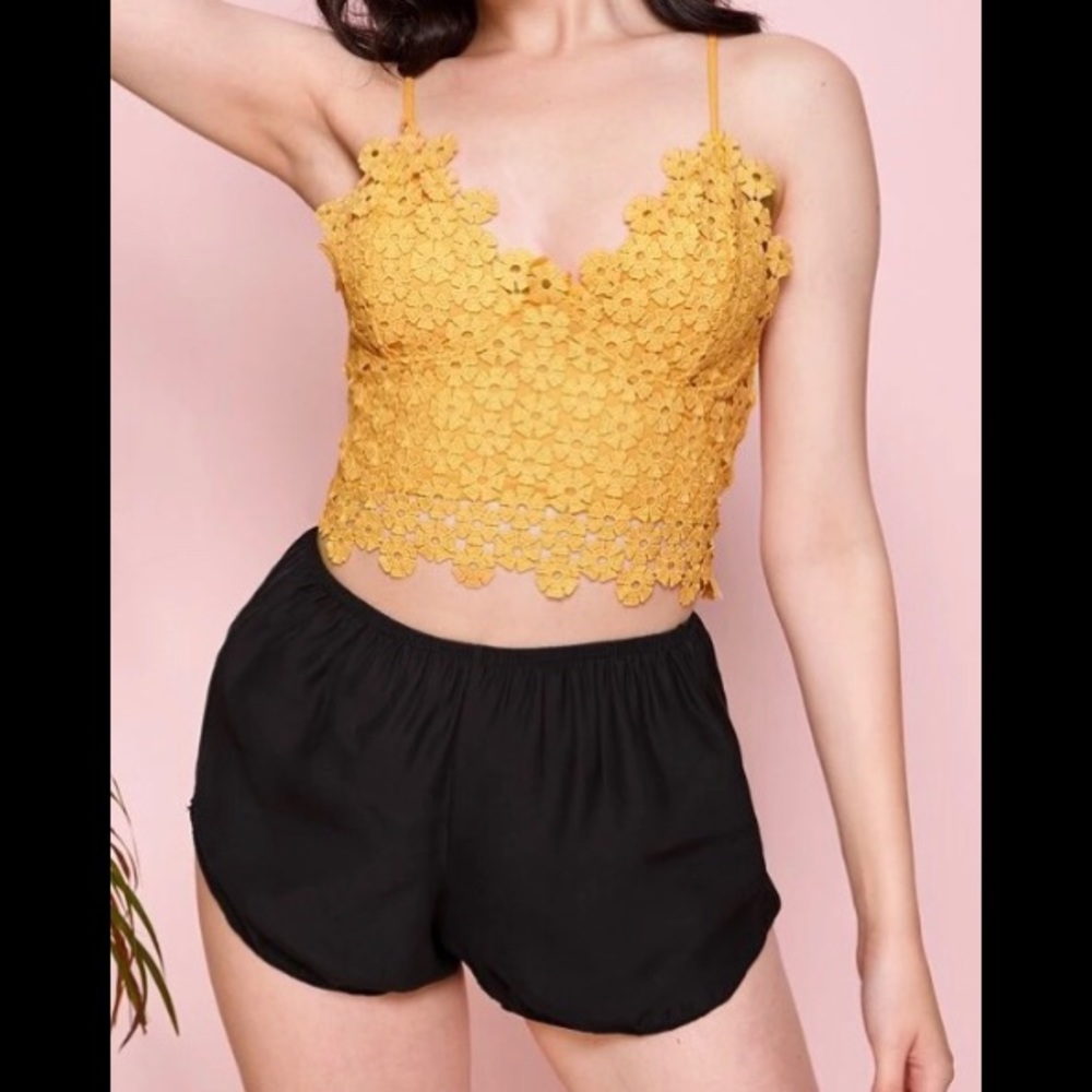 Guipure Lace Back Lace Up Crop Cami Open Back Top & Satin Shorts Set
